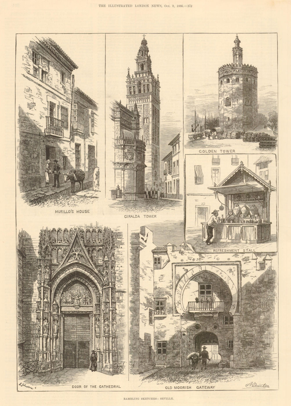 Associate Product Seville. Murillo Giralda Golden Tower cathedral Moorish Gateway 1886 print