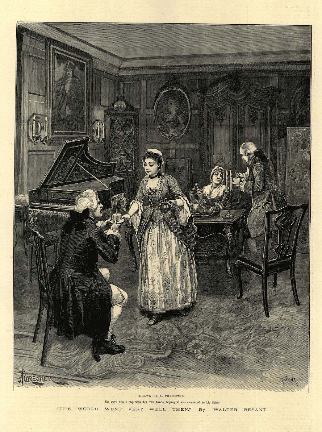 The World went very well then, by Walter Besant. Grand piano. 1886 old print