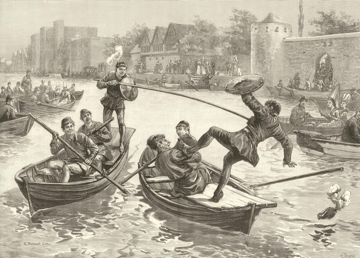 Associate Product A water tournament in the fifteenth century. Boats. Jousting 1889 ILN print