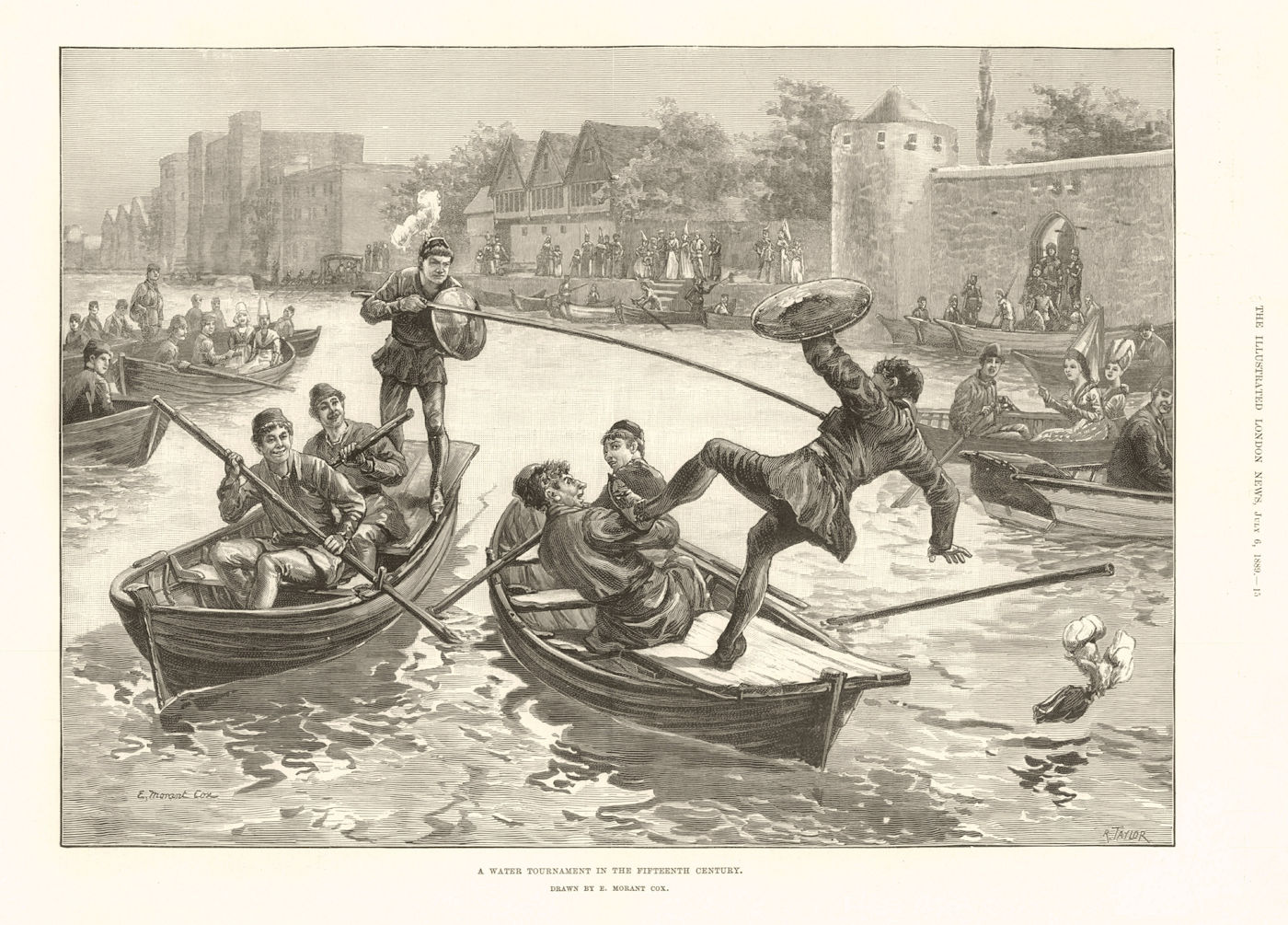 A water tournament in the fifteenth century. Boats. Jousting 1889 old print