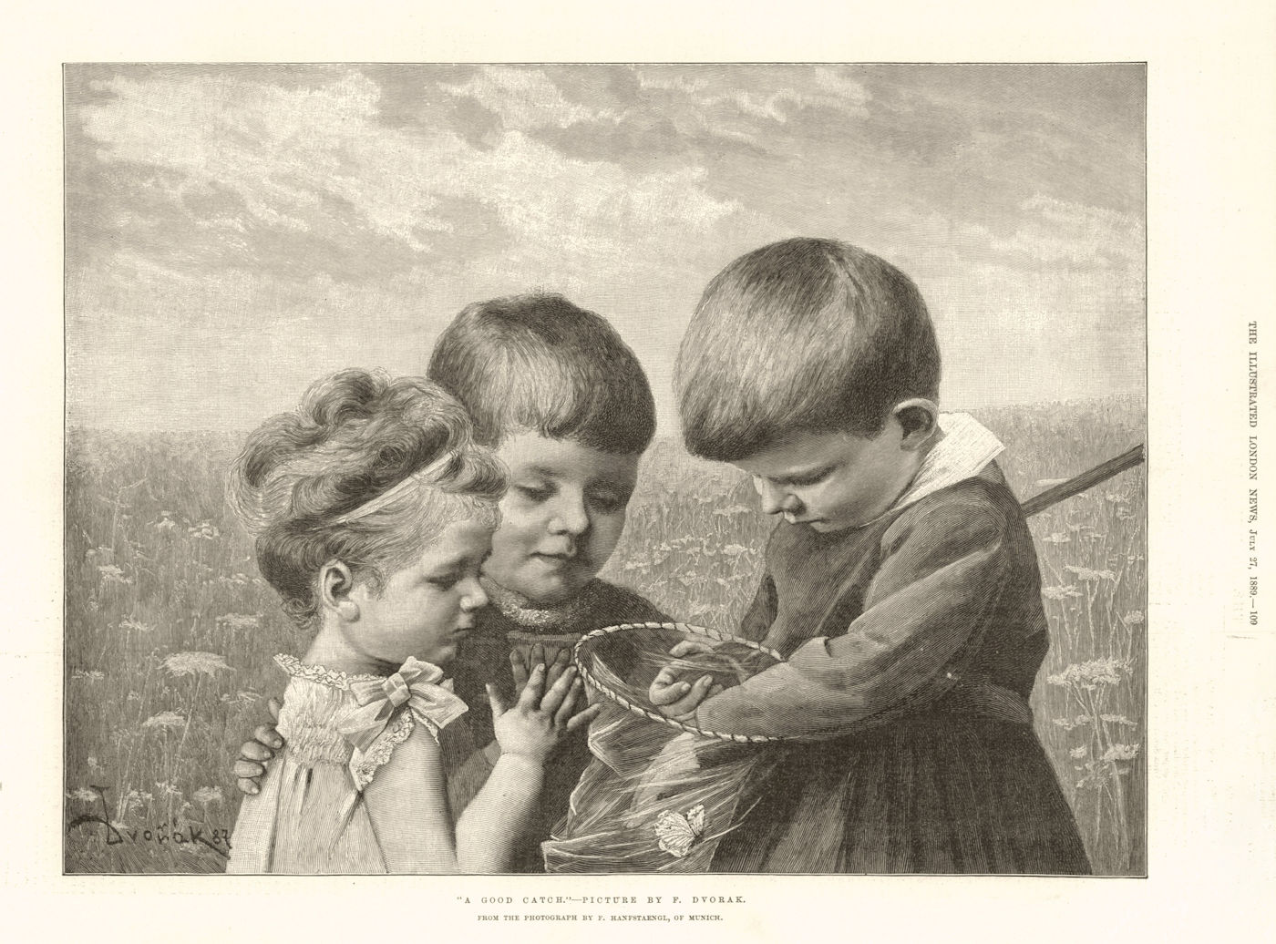 "A good catch". Children. Butterfly net 1889 old antique vintage print picture