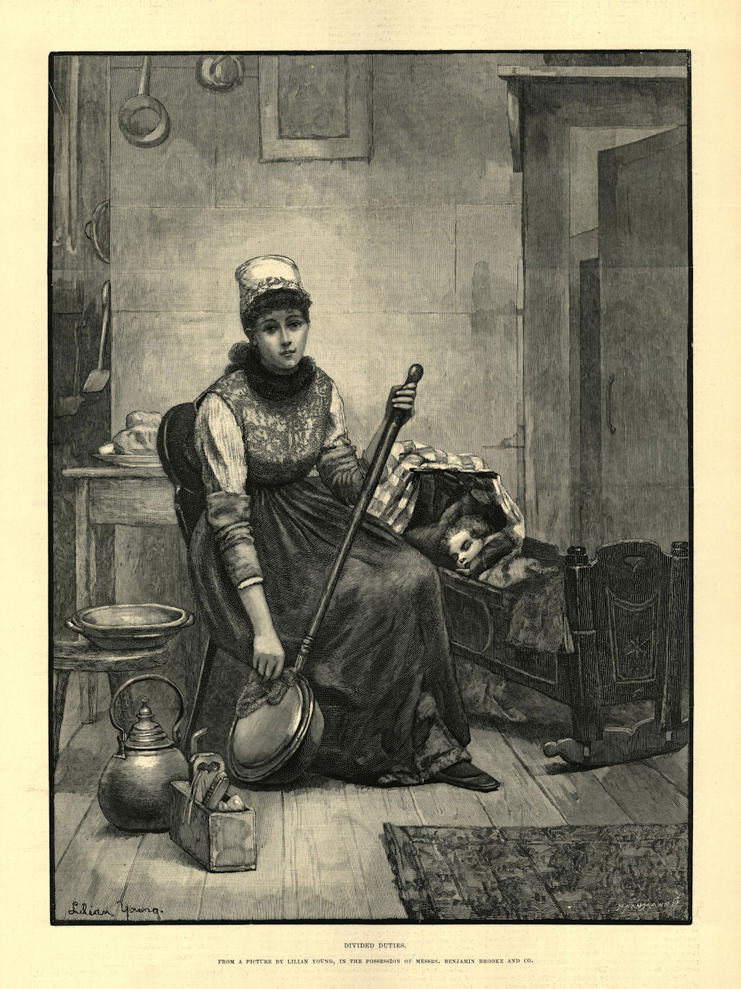 Associate Product " Divided duties ", from a picture by Lilian Young. Family 1889 ILN full page