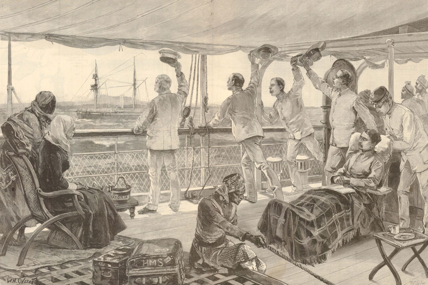 HM Stanley & officers leaving Mombasa in the SS Katoria. Kenya 1890 ILN print