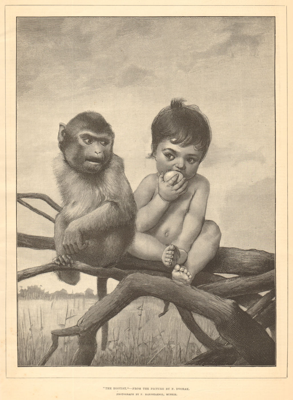 "The egotist", by F. Dvorak. Children monkey 1890 old antique print picture