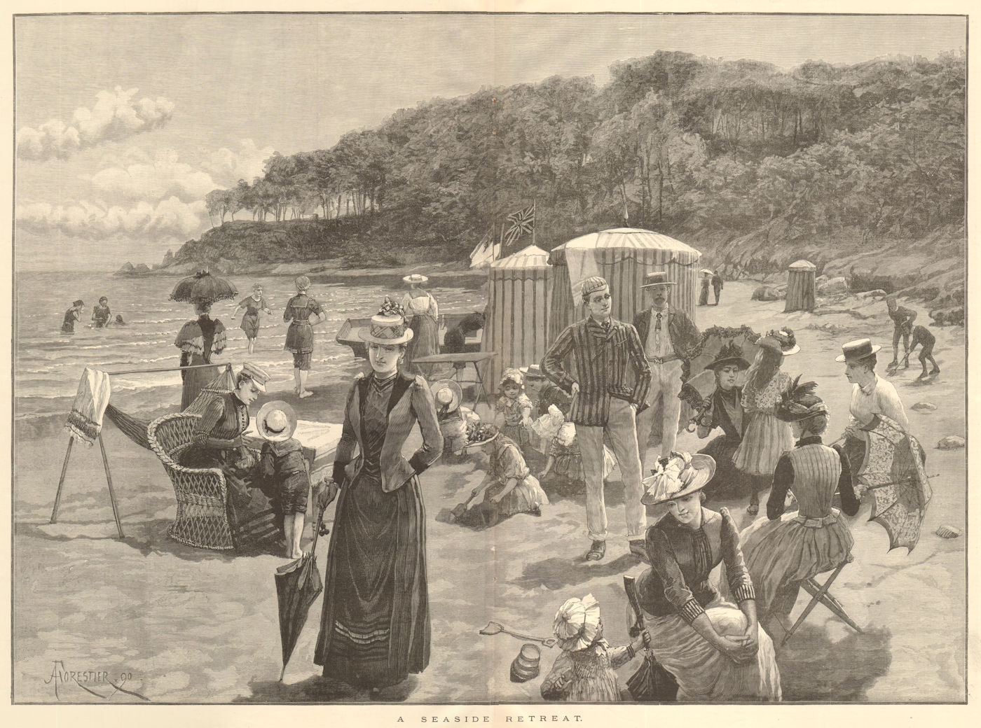 A seaside retreat. Society beach. 1890 old antique vintage print picture