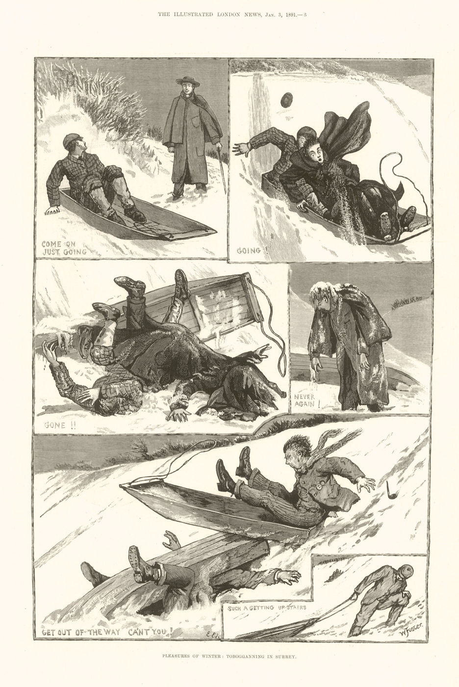 Associate Product Pleasures of Winter: Tobogganning in Surrey 1891 antique ILN full page print
