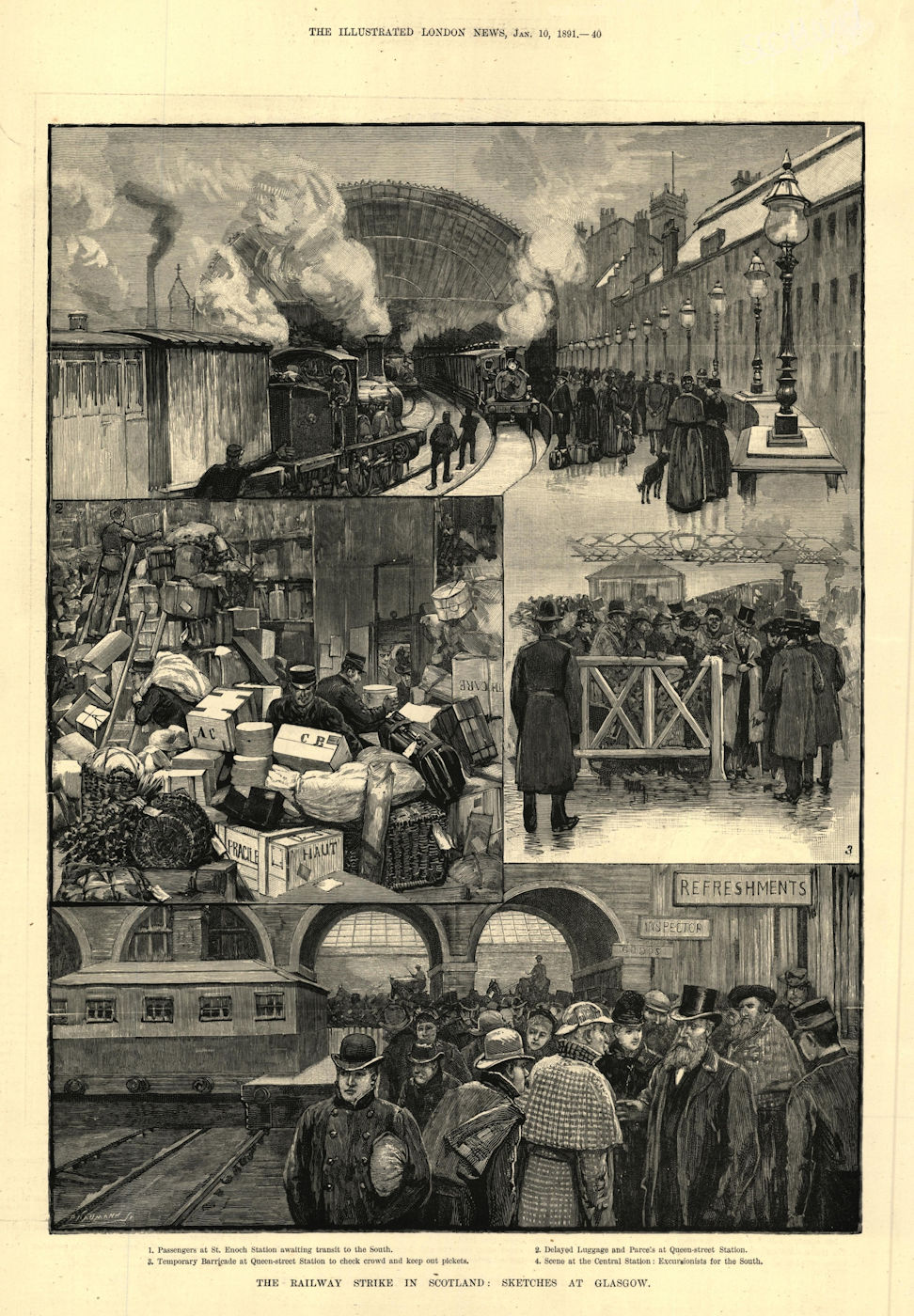 Scotland rail strike. Glasgow St. Enoch Queen-St. Central Stations pickets 1891