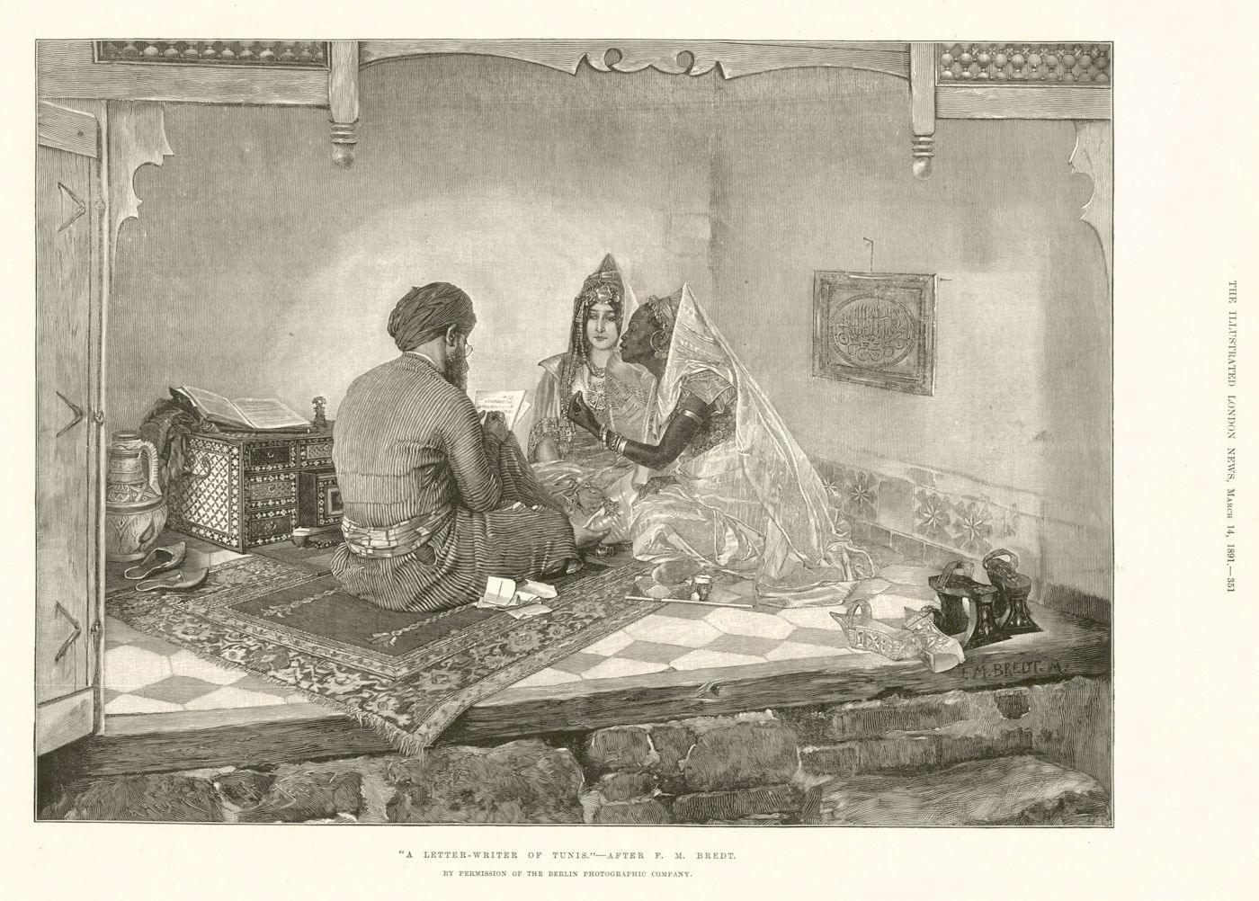 Associate Product " A Letter Writer of Tunis. " - After F. M. Bredt. Tunisia 1891 ILN full page
