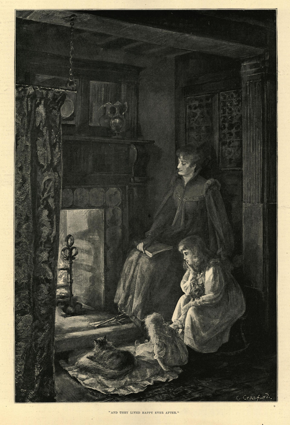 "And they lived happily ever after". Family fireplace 1892 old antique print