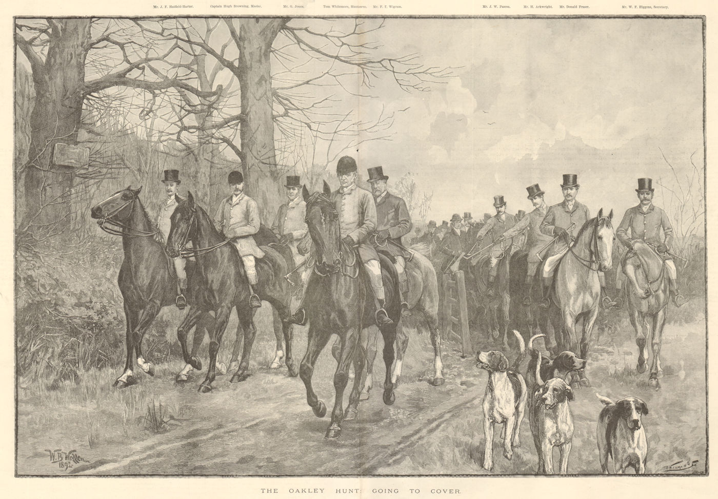The Oakley Hunt going to cover. England. Hunting 1892 old antique print