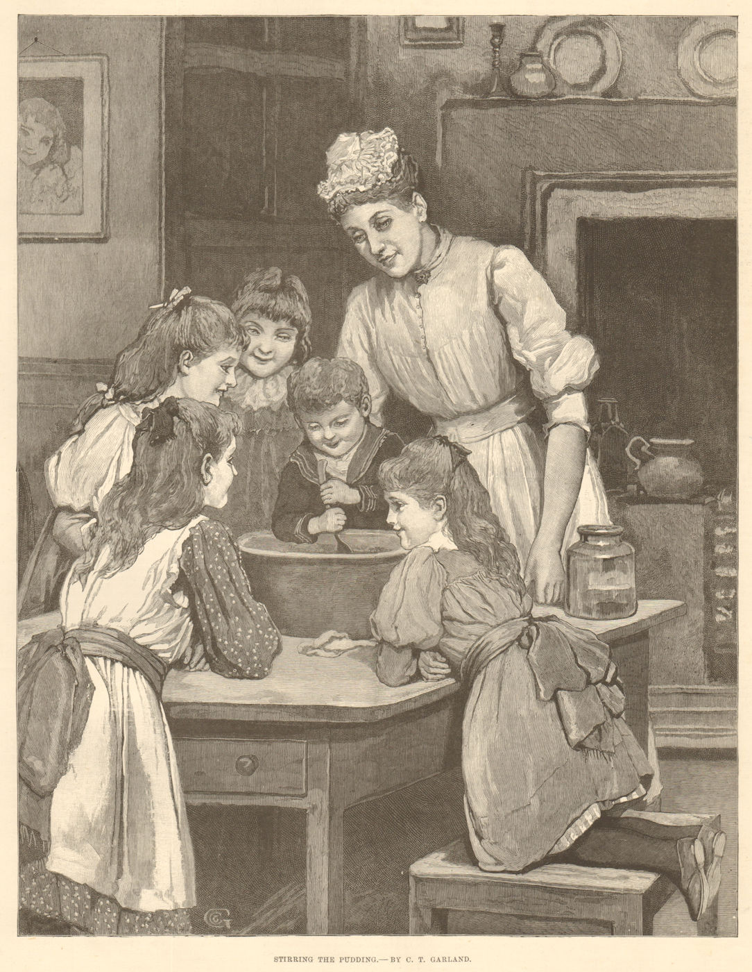 Stirring the pudding, by C. T. Garland. Family. Hospitality 1892 old print