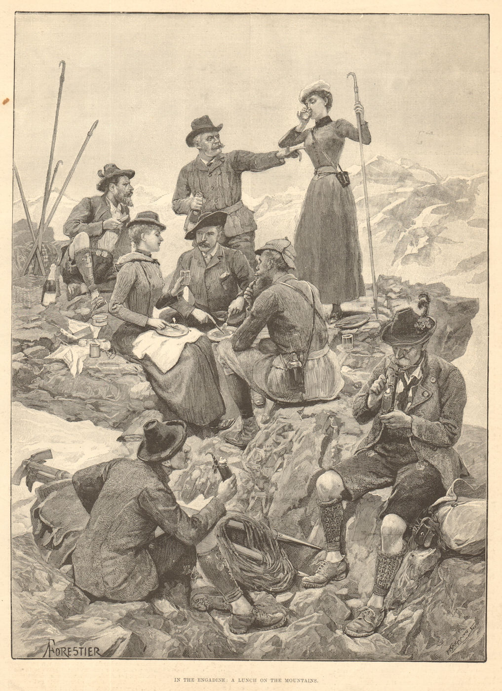 Associate Product In the Engadin: a lunch on the mountains. Switzerland 1893 ILN full page print