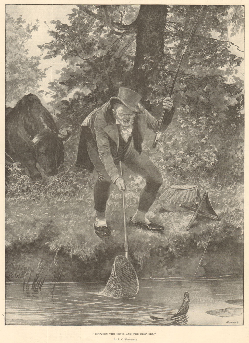Associate Product "Between the devil & the deep sea". By RC Woodville. Fishing rod net bull 1893