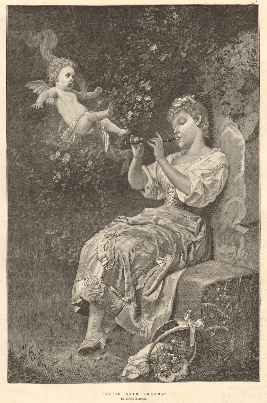 "Music hath charms". By Eugen Klimsch. Fantasy cherub 1893 old antique print