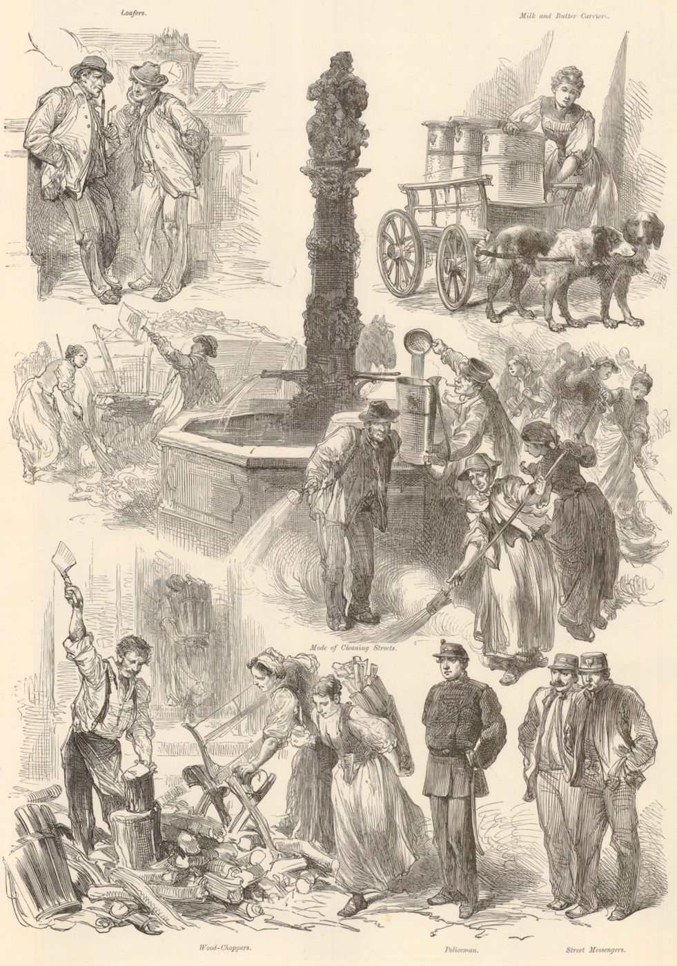 Associate Product Sketches in the streets of Berne, Switzerland 1893 antique ILN full page print