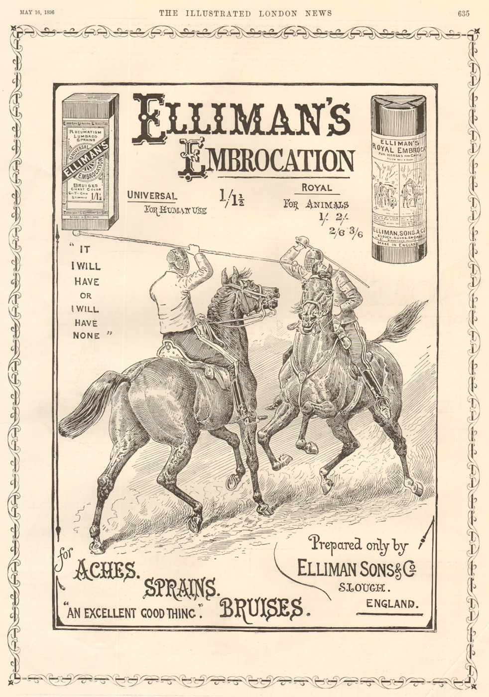 Elliman's embrocation. ADVERT. Jousting 1896 old antique vintage print picture