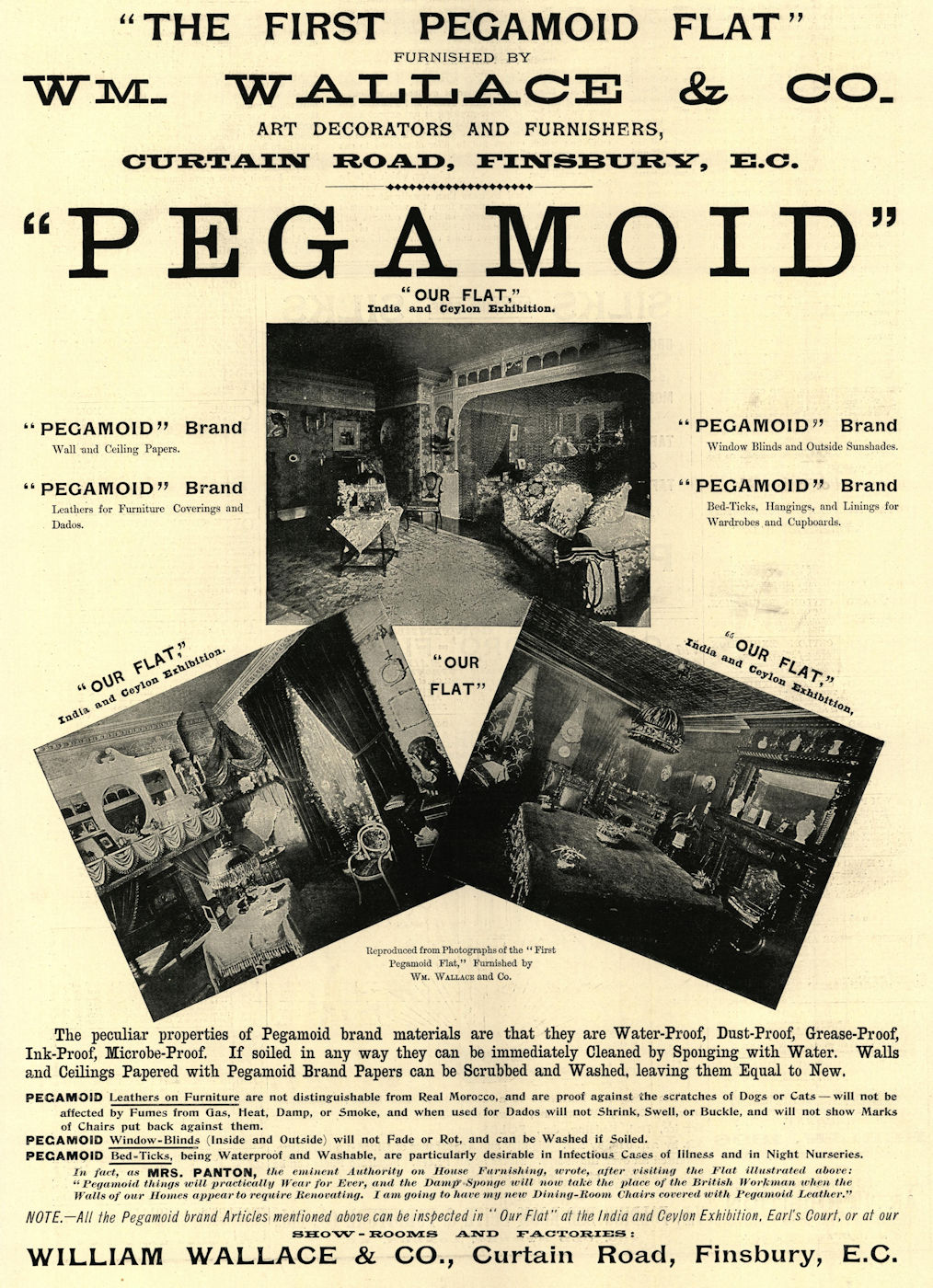The 1st Pegamoid flat furnished by Wm Wallace Curtain Road Finsbury. Advert 1896