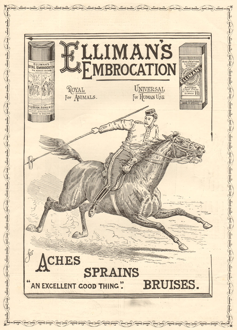 Associate Product Elliman's embrocation. "An excellent good thing". ADVERT. Lancer Horse 1896