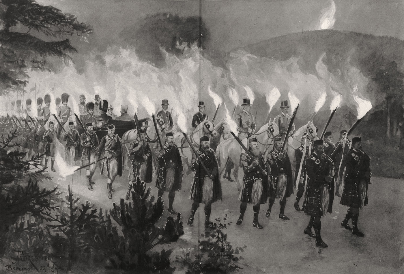Associate Product Russian Czar & Czarina at Balmoral, escorted by Highlanders bearing torches 1896