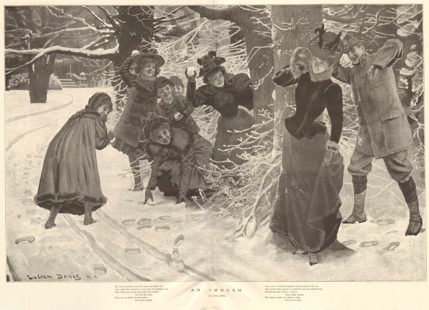 An ambush. Winter Sports. Family Snowball fight 1897 old antique print picture