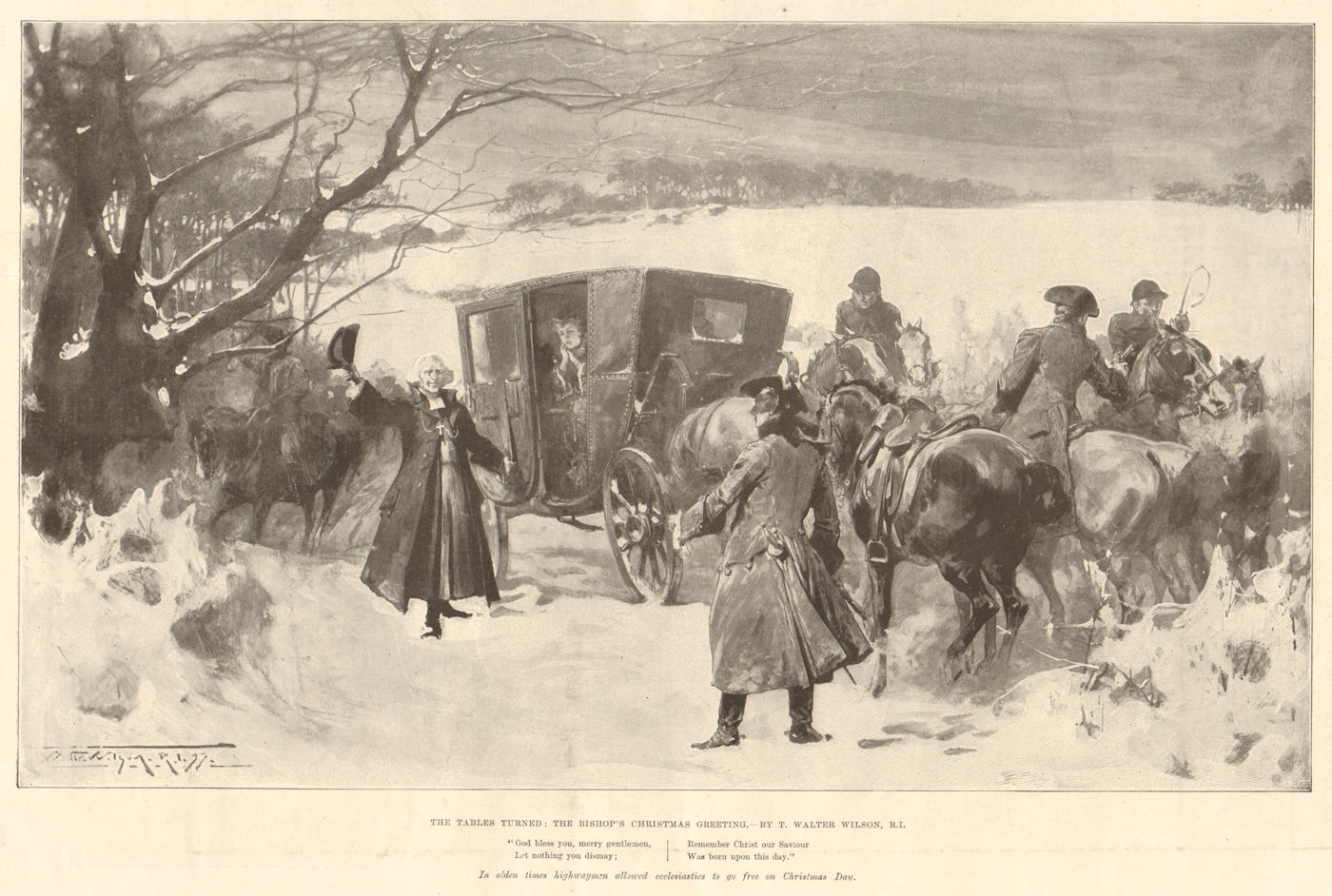 Bishop's Christmas greeting, by Walter Wilson. Highwayman coach 1897 old print