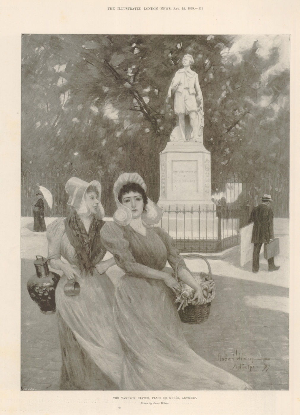 The Vandyck statue, Place de Musée, Antwerp. Belgium 1899 old antique print