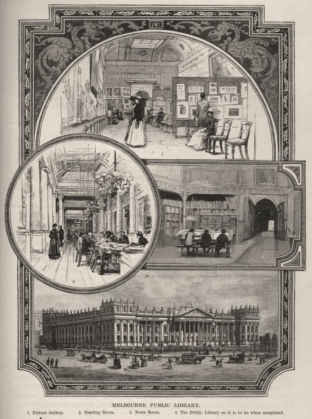 Melbourne Public Library. Melbourne. Australia 1890 old antique print picture