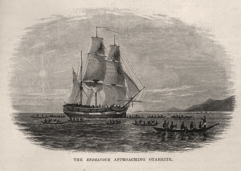 The Endeavour approaching Otaheite. Explorers. Polynesia 1890 old print