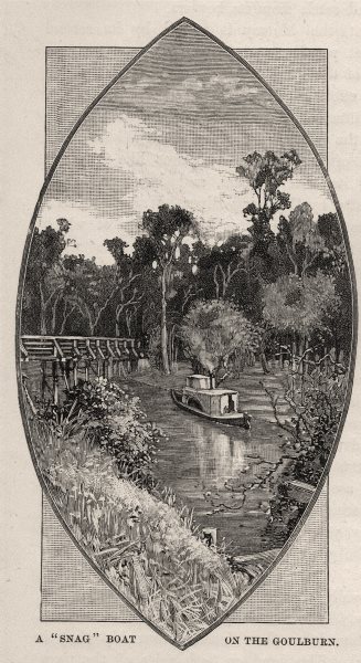 Associate Product A " Snag " Boat on the Goulburn. The Murray river basin. Australia 1890 print