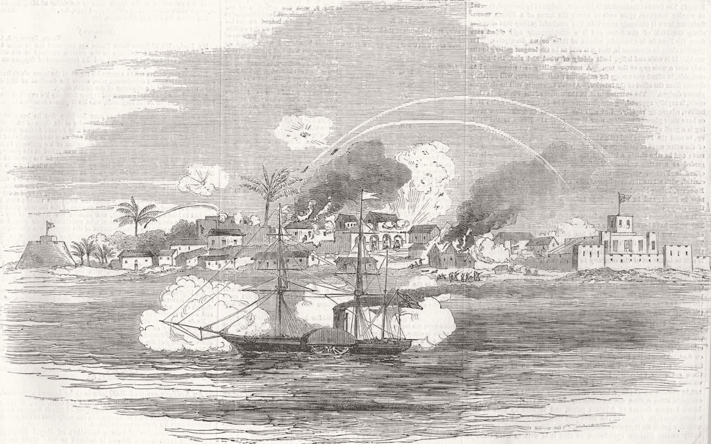 GHANA. HM Steamer Scourge attacking Danish Accra. Gold Coast (Ghana)  1855
