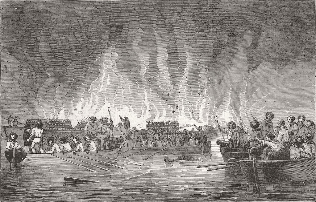 CRIMEAN WAR. Destruction of Russian Vessels at Old Salis. Baltic 1855 print