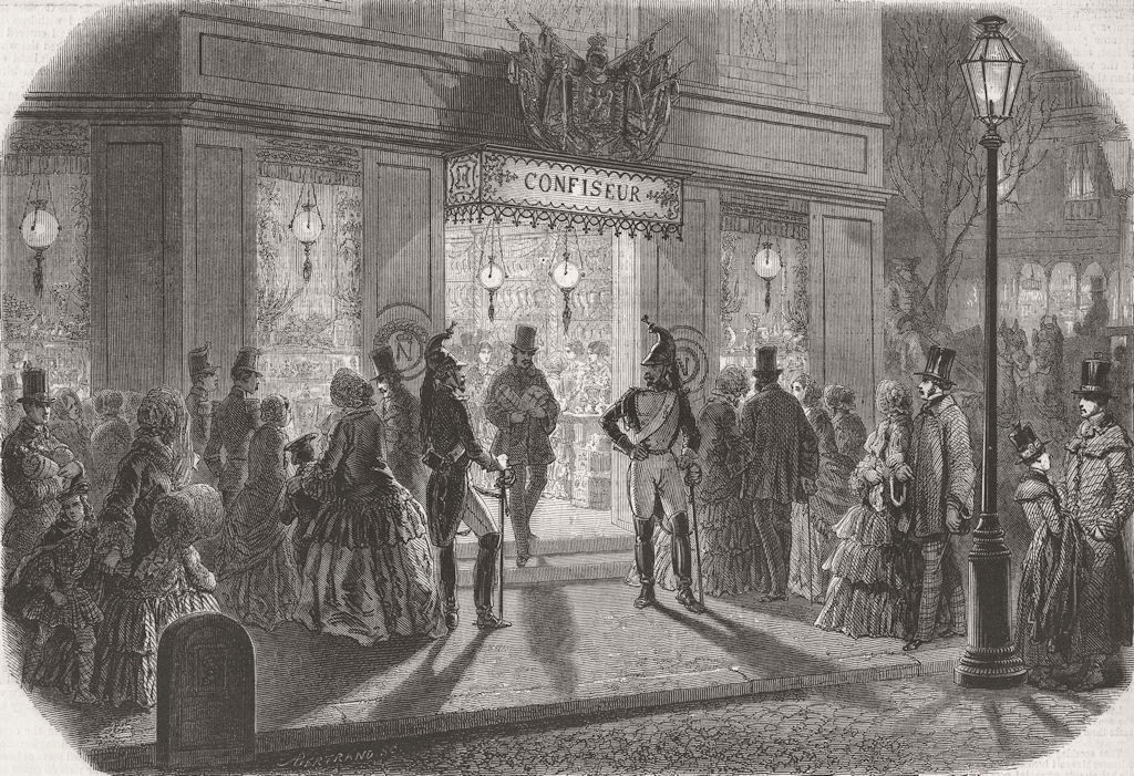 PARIS. A BonBon shop on New Year's Day 1853 old antique vintage print picture