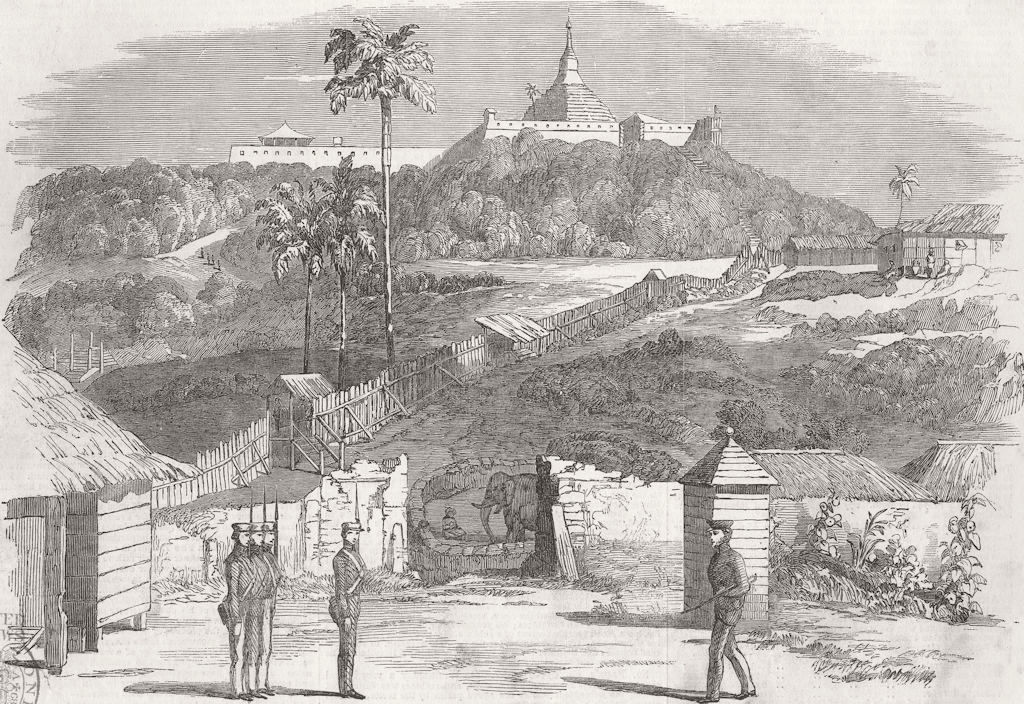 BURMA. The Burmese war-Temporary stockade, Mottama 1853 old antique print