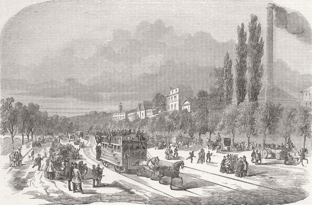 PARIS. Railway upon the road of the Champs Elysees 1853 old antique print