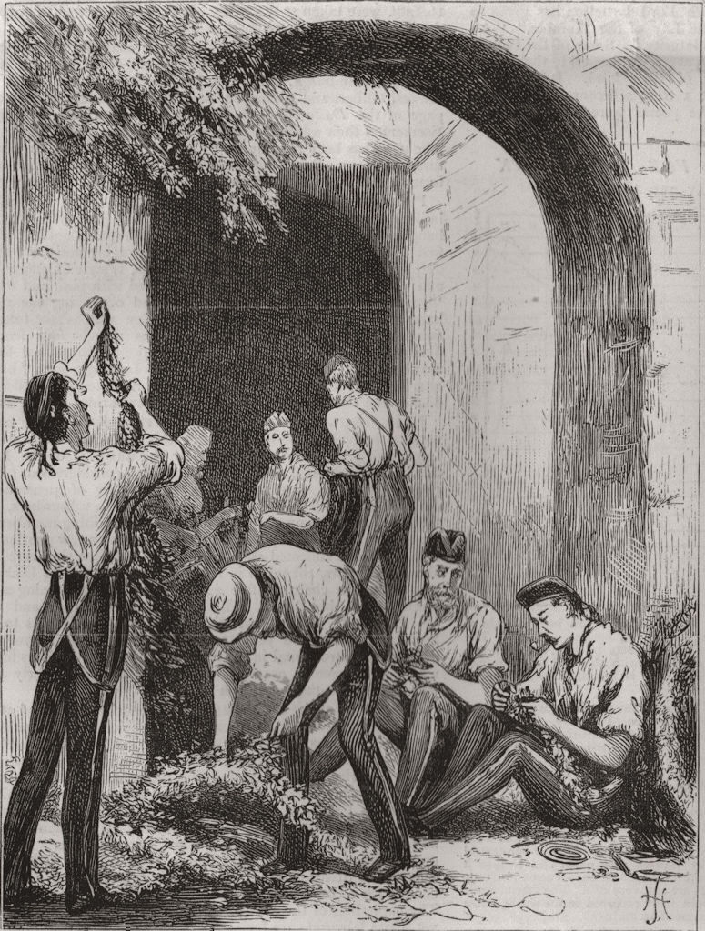 MILITARIA. Soldiers making decorations old Sally-Port fortress c1860 print