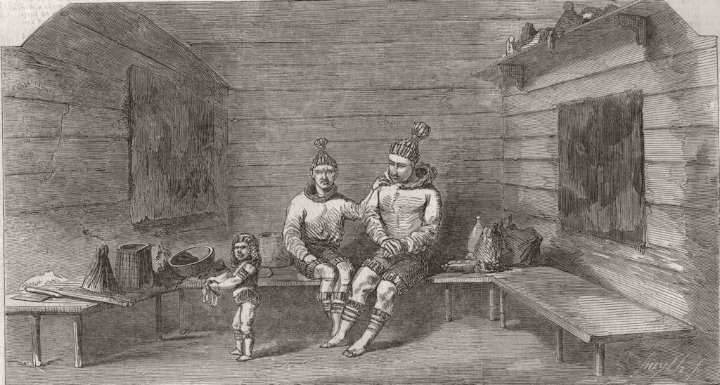 CANADA. Eskimos. Interior of an Esquimaux hut 1853 old antique print picture