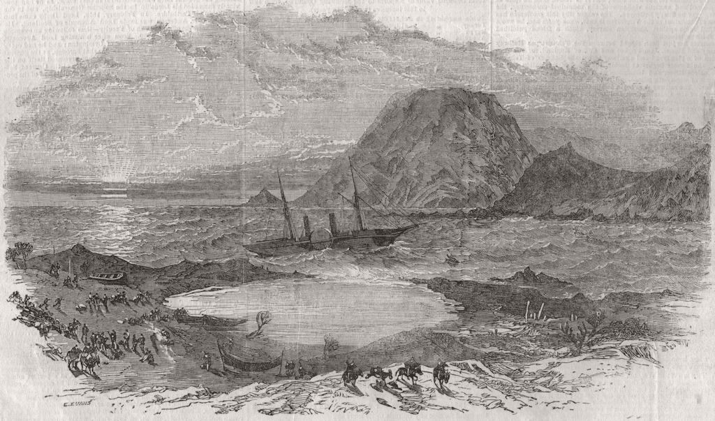 SHIPS. Wreck of the Royal Mail steam-ship Quito on a rock, near Huasco 1853