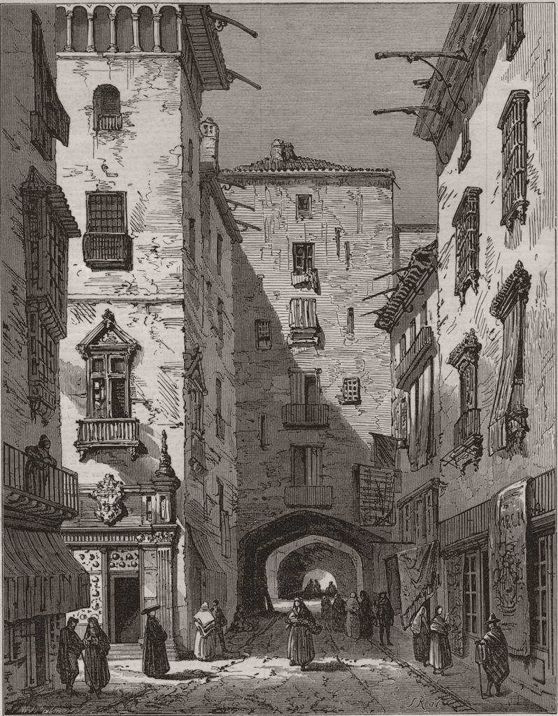 A street in Barcelona, Catalonia, Spain 1873 old antique vintage print picture