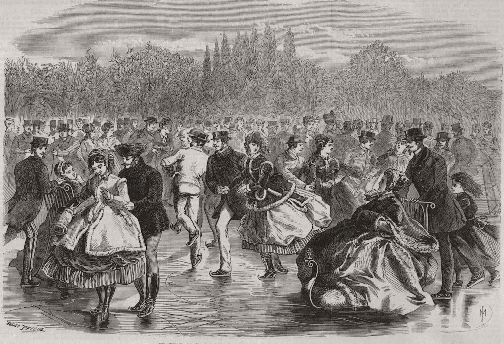 BOIS DE BOULOGNE. Skating on the Lake of Suresne. Paris 1869 old antique print
