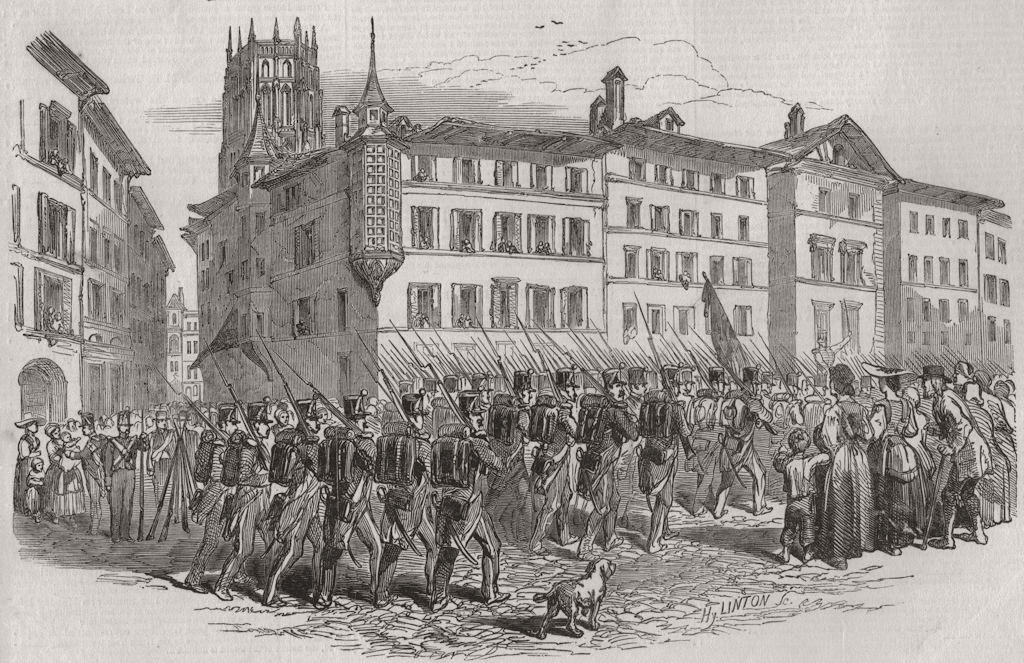 Associate Product SWITZERLAND. Sonderbund war. the Federal troops entering Fribourg 1847 print