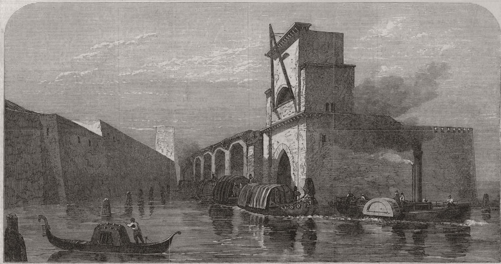 VENICE. Steam tug towing ancient galleys out of the Arsenal. Italy 1866 print