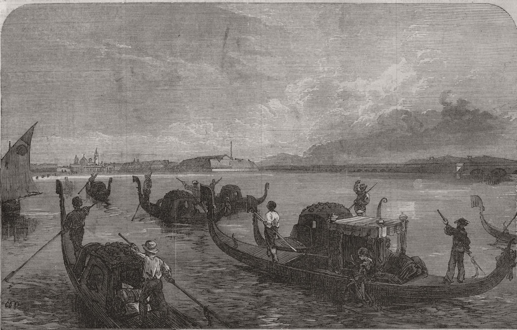 ITALY. Gondolas conveying passengers and luggage over the lagoon to Venice 1866