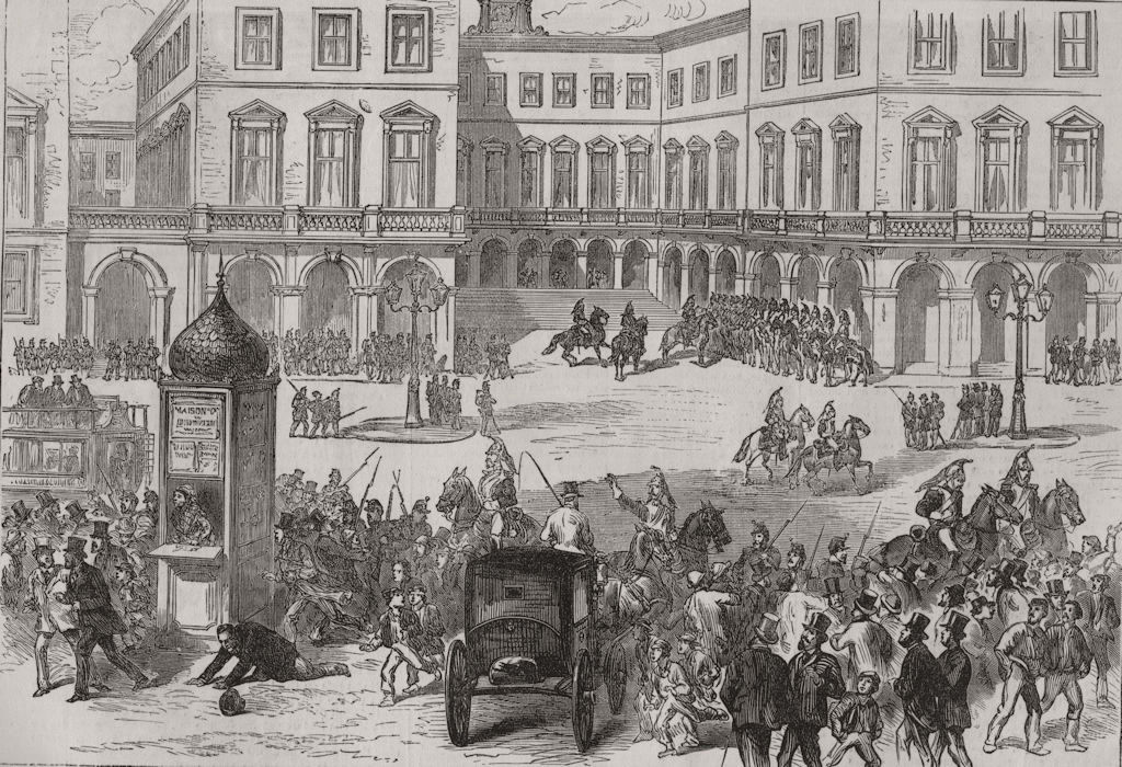 PARIS. Municipal Guard dispersing the crowd at St Lazare station 1874 print
