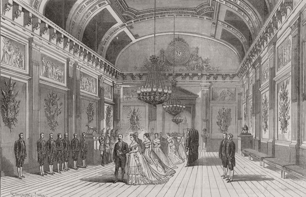 FRANCE. Emperor and Empress passing through the Salle des Gardes 1868 print