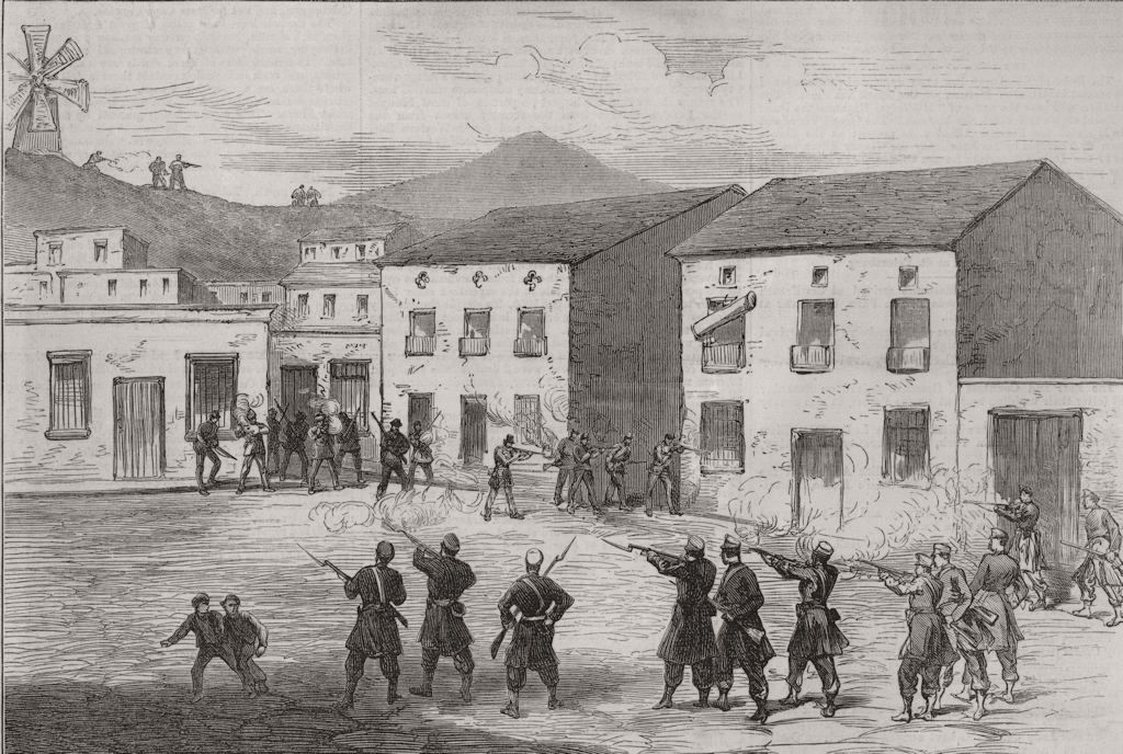 SPAIN. Carabiniers resisting the Cartagena insurgents at Aguilas 1873 print