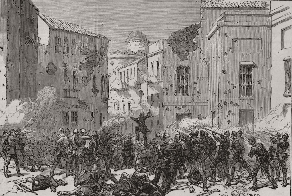 Associate Product SEVILLE. Civil war in Spain. Attack of Civil Guard on the Puerta de Uíge 1873