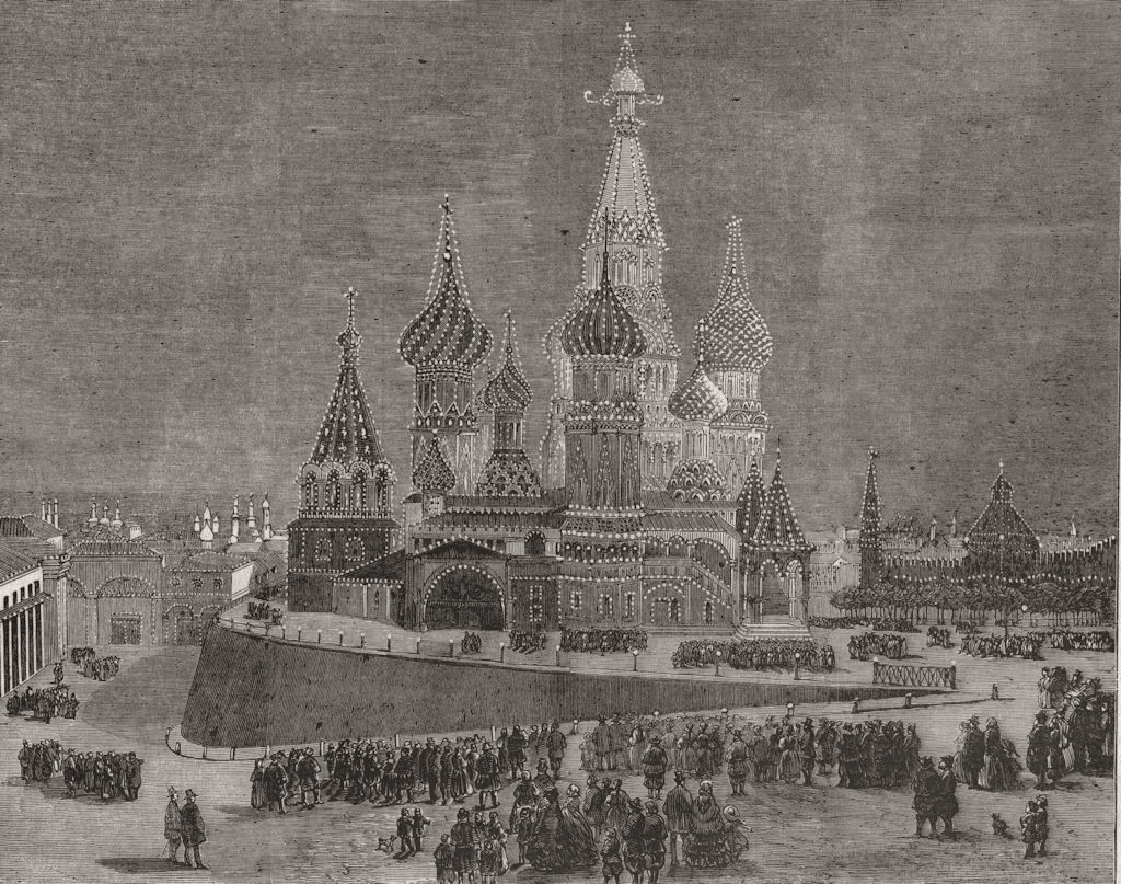 RUSSIA. Red Square. cath. St Basil, Moscow Москва, illuminated 1856 old print