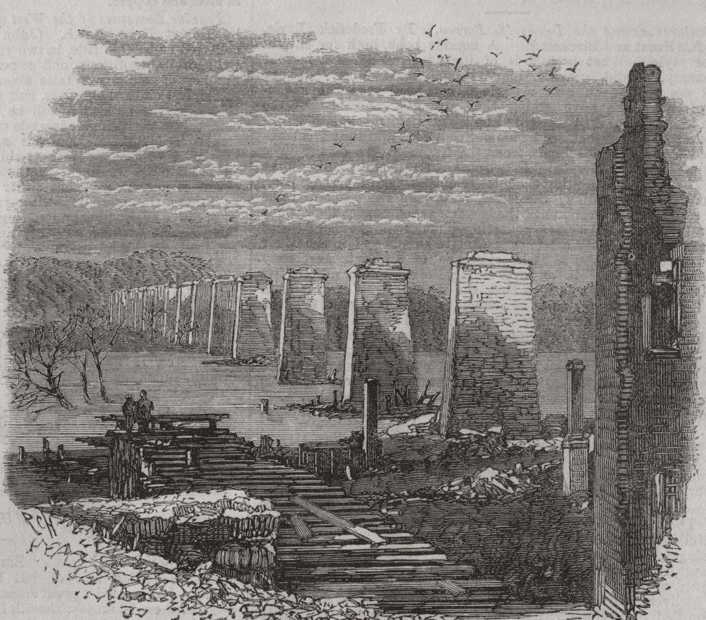 VIRGINIA. American Civil War. Ruins of the Railway bridge 1865 old print