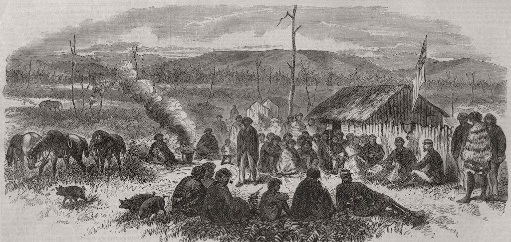 NEW ZEALAND LAND WARS. Chief William Thompson negotiating with Carey 1865