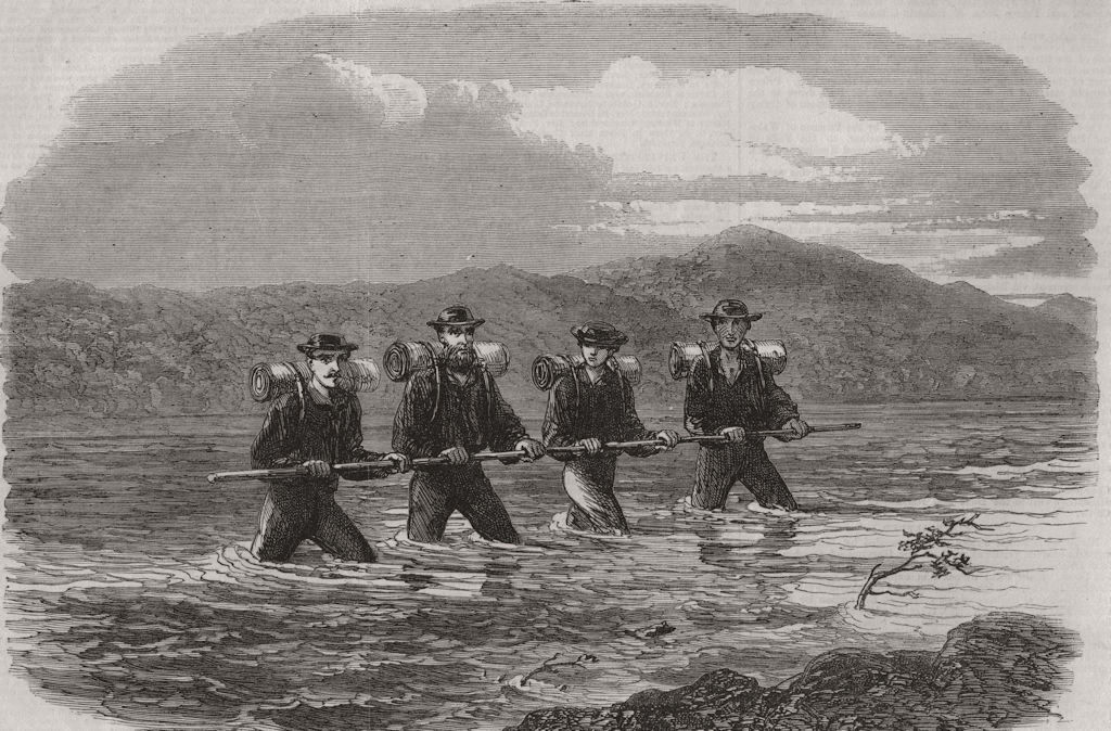 NEW ZEALAND. Crossing the river Teramakau 1865 old antique print picture